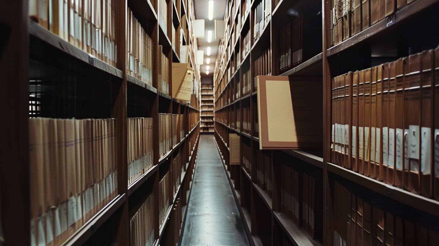 A long archive corridor lined with shelves of files