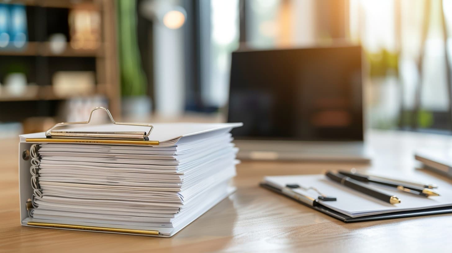 A stack of bound files on a wooden desk, next to a laptop
