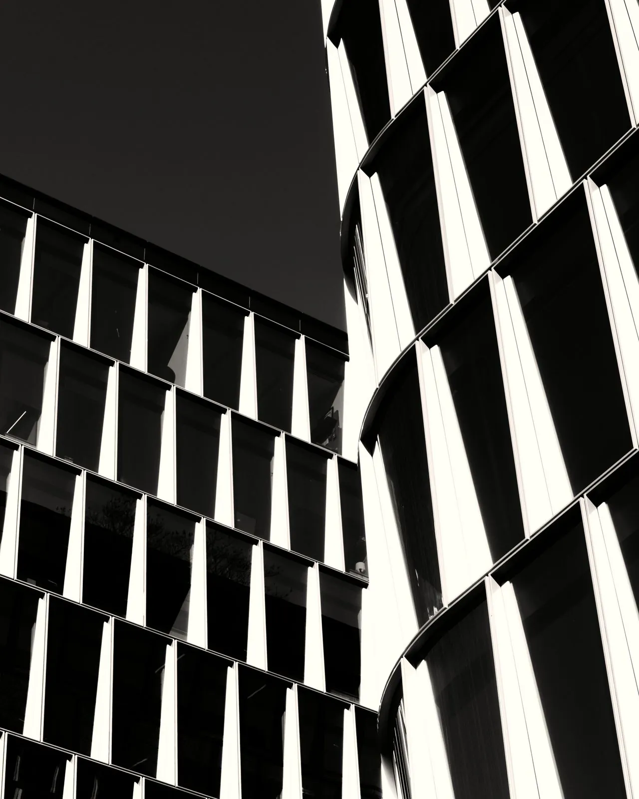 Building facade with vertical black and white lines, seen from below